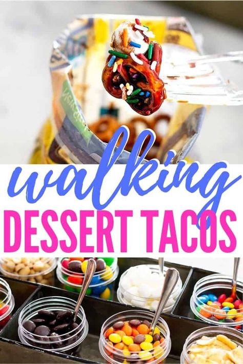 Walking Dessert Tacos are a chance to take your sweet snacking on the go. Less mess and you enjoy your sweet treat while mingling with your friends! #walkingtacos #walkingsmores #portabledesserts #Snackmix #foracrowd #bar #recipe #videos #inabag #party #camping #dessert Dessert Walking Taco, Walking Dessert Tacos, Taco Party Desserts, Walking Dessert Bar, Taco Party Dessert Ideas, Walking Taco Bar Party, Taco Dessert Ideas, Dessert Taco Bar, Desserts For Camping