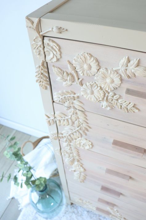 My Anthropologie Enchantment Dresser Dupe With Decor Moulds Dresser Appliques, Anthropologie Dresser, Diy Furniture Appliques, Anthropologie Furniture, Anthropologie Diy, Decor Moulds, Furniture Makeover Inspiration, Flower Furniture, Anthropologie Inspired