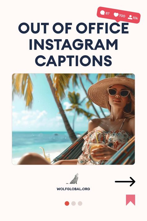 Woman relaxing in hammock with drink, tropical backdrop, "Out of Office Instagram Captions" text overlay.
Graphic with playful vacation-themed checklist and a button saying "GET 100+ MORE" from WOLFGLOBAL.ORG.
Woman with laptop surrounded by social media icons promoting an Instagram engagement pod service. Work Trip Captions, Out Of Office Quotes Vacation, Out Of Office Quotes, Captions Vacation, Out Of Office Reply, Vacation Quotes Funny, Out Of Office Message, Vacation Captions, Beach Captions