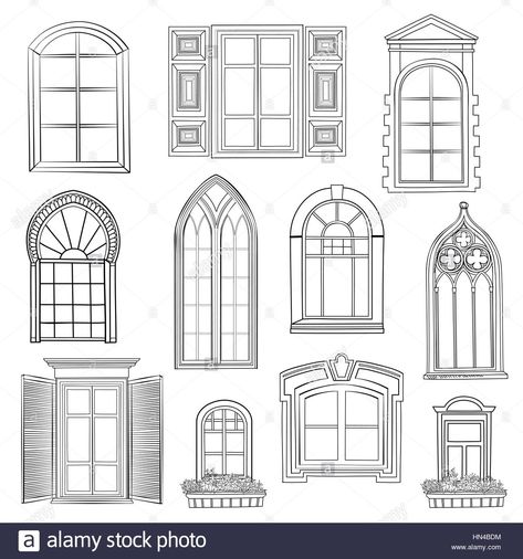 Download this stock vector: Window set. Different architectural style of windows doodle sketch stylish collection - HN4BDM from Alamy's library of millions of high resolution stock photos, illustrations and vectors. Window Drawing Ideas, Window Drawings, Window Sketch, Building Windows, Gothic Windows, Window Drawing, Architecture Drawing Art, Arched Windows, Vector Art Illustration