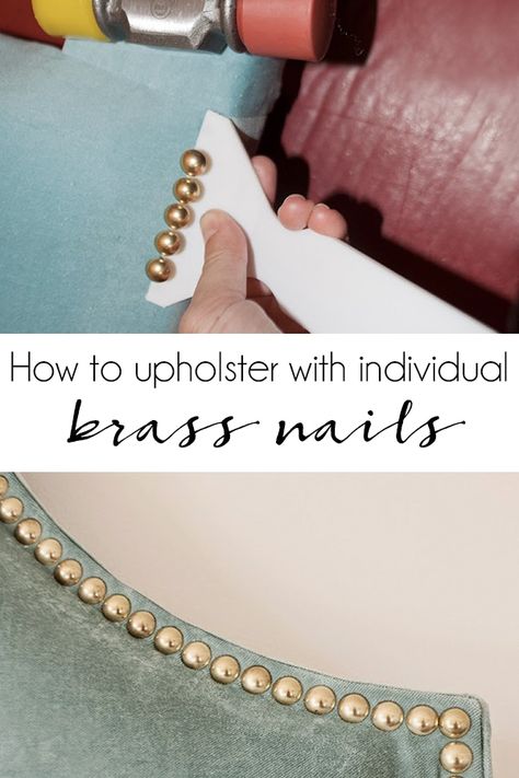 How to upholster a piece of furniture with individual brass nail trim | DIY headboard tutorial | how to make a bed out of Ikea curtains | DIY velvet upholstered headboard | upholstering a bed | perfect upholstery edges  via @jakonya Diy Fabric Headboard, How To Upholster, Diy Furniture Upholstery, Headboard Tutorial, Diy Headboard Upholstered, Upholstery Nails, Upholstery Tacks, Ikea Curtains, Reupholster Furniture