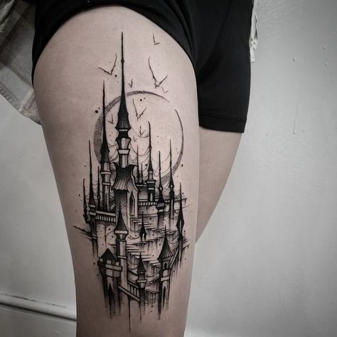 Cathedral Tattoo, Castle Tattoo, Fantasy Tattoos, Elbow Tattoos, Gothic Tattoo, Dark Tattoo, Half Sleeve Tattoo, Gothic Architecture, Blackwork Tattoo