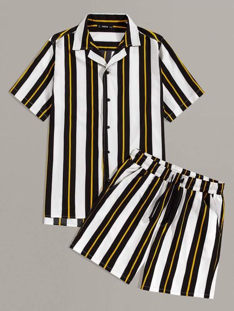 To find out about the Men Notched Collar Striped Shirt & Shorts Set at SHEIN, part of our latest Men Two-piece Outfits ready to shop online today! African Wear For Men, Stylish Men Wear, Striped Shirt Men, Nigerian Men Fashion, African Wear Styles For Men, African Attire For Men, African Dresses Men, Latest African Men Fashion, African Shirts For Men