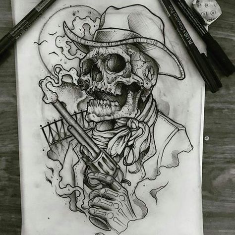 Manga Portrait, Digital Doodles, Cowboy Tattoos, Skull Sketch, Cool Tattoo Drawings, Western Tattoos, Sick Tattoo, Scary Tattoos, Tattoo Zeichnungen