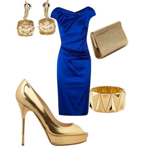 royal blue dress and gold earrings/ shoes/ braclet/ clutch by jacqueline-v-twillie on Polyvore Sigma Gamma Rho | Big Fashion Show royal blue dresses Royal Blue Dress Accessories, Royal Blue Dress Outfit, Blue Dress Accessories, Royal Blue Formal Dress, Gold Dress Shoes, Blue And Gold Dress, Blue Dress Outfits, Royal Blue Gown, Rose Gold Accessories