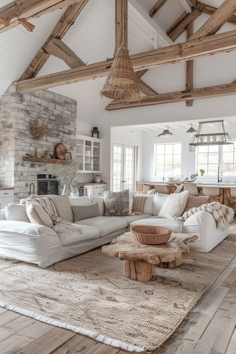 29 Barndominium Interior Ideas You Will Love - My Elegant Home Modern Coastal Living Room, Barndominium Interior, Rustic Loft, Coastal Farmhouse Decor, Barn Living, Modern Farmhouse Living, Dream Life House, Coastal Living Rooms, Modern Farmhouse Living Room