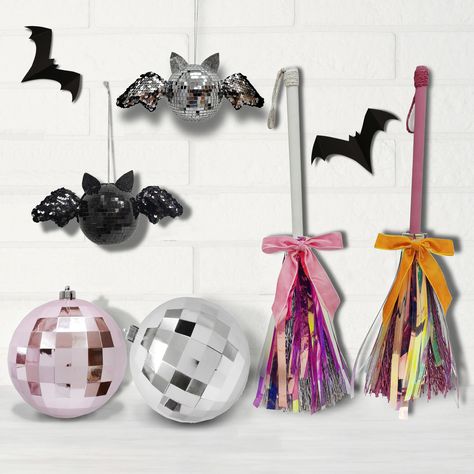 Assorted 20" Hanging Broom Wall Décor by Ashland®, 1pc. | Michaels Giant Disco Ball, Glam Halloween Party, Adult Halloween Party Decorations, Disco Decorations, Hippie Halloween, Hanging Bat, Ball Aesthetic, Halloween Ball, Adult Halloween Party