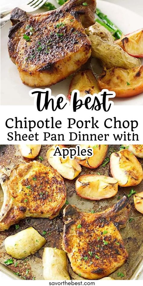 You will appreciate this quick and easy Chipotle Pork Chop Sheet Pan Dinner.  Juicy and tender pork chops, fingerling potatoes and sweet apple wedges all roast together on one sheet pan.  This simple dinner can be on the table in thirty minutes. Pork Chop Sheet Pan Dinner, Pork Chop Sheet Pan, Pork Chops And Apples, Sheet Pan Pork Chops, Chipotle Pork, Pan Pork Chops, Sweet Savory Recipes, Tender Pork Chops, Gluten Free Main Dishes