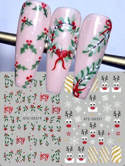 Show off your holiday cheer with elegant Christmas nail art designs! From glittery stars to festive reindeer, these designs will keep your nails looking fabulous all season long. ✨🦌 #ChristmasManicure #HolidayNails #ChristmasNailDesign Holly Nail Art Designs, Holly Nails Christmas, Holly Christmas Nails, Christmas Wreath Nails, Holly Nail Art, Wreath Nails, Holly Nails, Nails Decals, Nail Art Noel