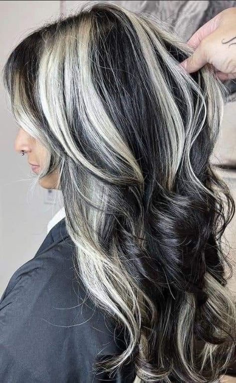 Hair Dye Ideas Gray, Black And Ash Grey Hair, Brown Hair With Silver Streaks, Blonde Hair Black Streaks, Brunette With Silver Highlights, Chunky Blonde Highlights On Dark Hair, Black Hair With Platinum Highlights, Chunky Balayage, Black Hair With Grey Highlights