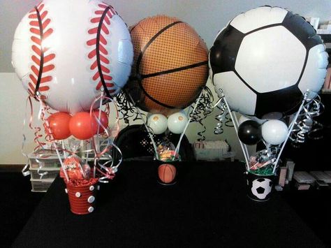 Sport party centerpieces Sport Centerpieces Ideas, Sports Themed Centerpieces, Retirement Party Centerpieces, Sneaker Party, Sports Party Centerpieces, Balloon Topiary, Sports Baby Shower Theme, Minnie Mouse Balloons, Sports Banquet