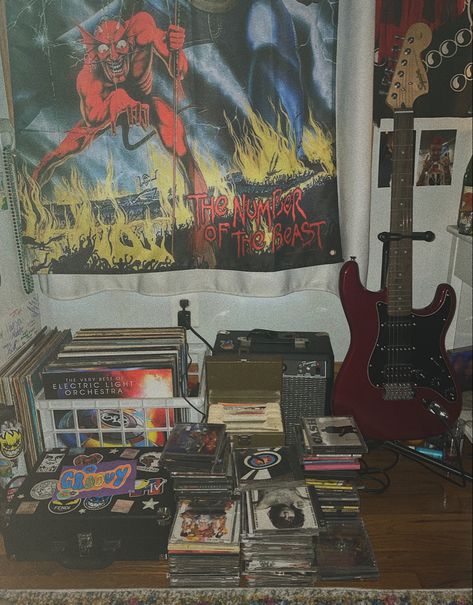 Older Brother Room Aesthetic, 1980s Room Aesthetic, Older Brother Core Room, Heavy Metal Bedroom, Metal Head Room, 2000s Older Brother Core Room, Messy Bedroom Aesthetic, Metalhead Room, Punk Room