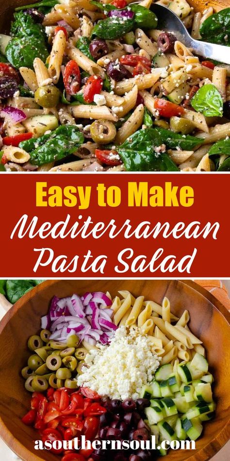 Salad With Pasta In It, Easy Mediterranean Diet Salads, Mederteranian Pasta Salad, Medatrainian Pasta Salad, Pasta Salad With Spinach And Feta, Meditteranean Pasta Salad, Medeteranian Pasta Salad, Pasta Olive Salad, Cold Healthy Salad Recipes