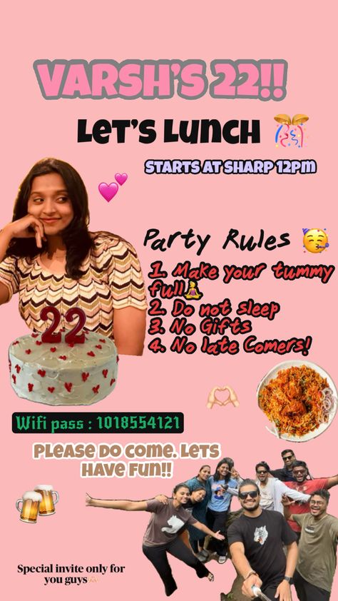 Funny bday 22 invite for friends 22 Bday, Party Rules, Let's Have Fun, Birthday Party Invitation, Birthday Party Invitations, For Friends, Party Invitations, Birthday Party, Make It Yourself