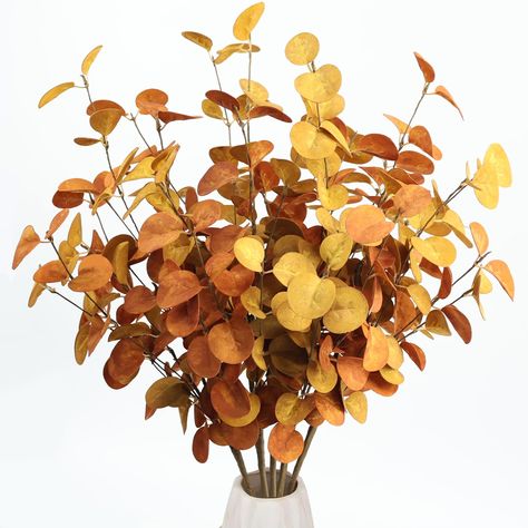 PRICES MAY VARY. FULL FALL STEM DECORATION: 24"H x 9.5 "Diameter, each branch contains 72 eucalyptus leaves, the leaf color is taken from the autumn leaf tones, you can fill your home with the smell of autumn, always full of harvest joy. REALISTIC LOOK: Artificial eucalyptus stems are made of soft PU material for durability and realism; Stems are made of paper-wrapped wire for easy shaping, and can be bent to make the bouquet look bigger and fuller. FEEL AUTUMN ANYTIME: The curved arcs and forke Fall Eucalyptus, Fall Stems, Eucalyptus Stems, Table Centerpieces For Home, Fall Bathroom, Fall Stem, Artificial Eucalyptus, Dining Table Centerpiece, Decorations For Home