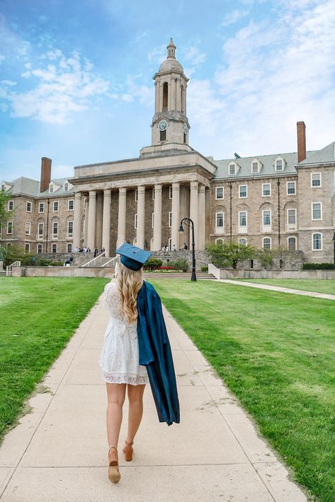 Penn state Grad in front of Old Main #oldmain #college #collegegraduation #collegegrad #pennstate #psu #collegegraduationdress #graduationdress Penn State Graduation Pictures, Penn State Graduation, Rdh Graduation, Graduation Dress College Classy, Graduation Outfit College, Graduation Dress College, Grad Poses, College Photos, Graduation Pic