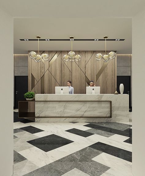 Reception Counter - El Hamra Tower - Kuwait on Behance Home Office Interior Design Ideas, Reception Counter Design, Design Office Interior, Front Desk Design, Reception Area Design, Home Office Interior Design, Reception Table Design, Office Reception Design, Design Case Study