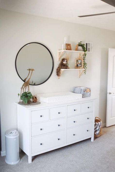 Classic grey Benjamin Moore Classic Grey Benjamin Moore, Nursery Grey Walls, Organization Kids Room, Small Nursery Ideas, Nursery Dresser Decor, Wallpaper Baby Room, Nursery Room Diy, Nursery Ideas Boy, Beige Nursery