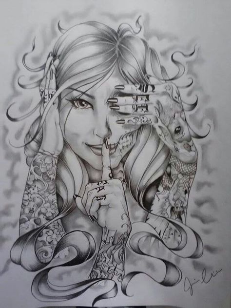 Hear Nothing,  Say Nothing,  See Nothing ♡. Great tattoo idea! Evil Drawings, Drawings Of Women, No Evil Tattoo, See Tattoo, Evil Tattoo, Evil Tattoos, Lowrider Art, Chicano Tattoos, Fu Dog