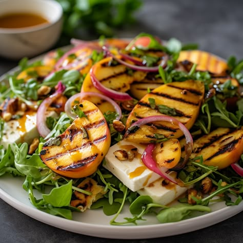 This Grilled Peach and Halloumi Salad is the perfect combination of sweet and savory, and is perfect for outdoor gatherings. With juicy grilled peaches, salty halloumi cheese, and a tangy balsamic glaze, this salad is the perfect way to impress your guests! #GrilledPeachAndHalloumiSalad #SummerRecipe #foodie #delicious #healthy #salad #Mediterranean #vegetarian #recipe #peach #halloumi #mixedgreens #redonions #pecans #balsamicglaze Peach And Halloumi Salad, Halloumi Peach Salad, Chicken Halloumi Salad, Peach Halloumi Salad, Halumi Cheese Grilled Salad, Grilled Halloumi Salad, Hallumi Recipes Salad, Halloumi Cheese Recipes, Halloumi Salad Recipes