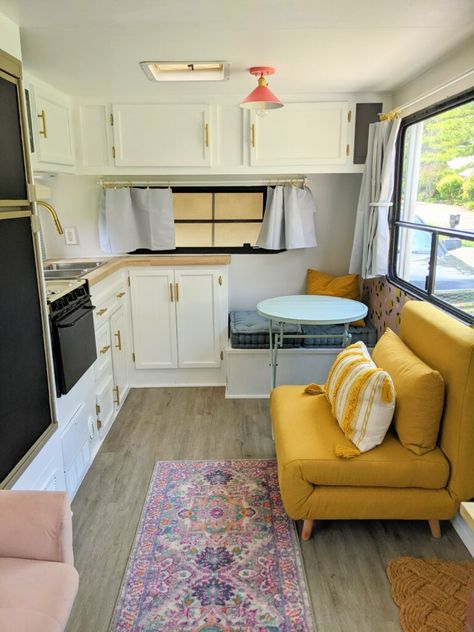 How to Paint the Interior Walls of an old RV https://allthingswithpurpose.com/how-to-paint-the-interior-walls-of-an-old-rv/ Caravan Inspiration, Paint Rv, Painting Over Wallpaper, Rv Interior Remodel, Yellow Cabinets, Fake Wood, Camper Trailer Remodel, Caravan Renovation, Diy Camper Remodel