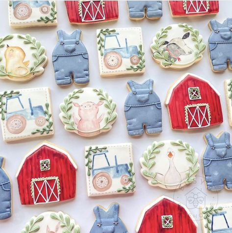 Farm Baby Shower Theme, Barn Cake, Baby Boy Sprinkle, Watercolor Cookies, Barnyard Theme, Cow Cookies, Farm Cookies, Pig Cookies, Farm Baby Shower