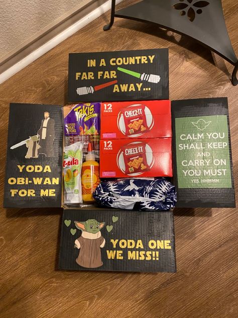 Star Wars Care Package Ideas, Star Wars Care Package, Gamer Care Package, Soldier Care Package Ideas, Funny Care Package Ideas, January Care Package Ideas, Themed Care Package Ideas, Army Care Package Ideas Boyfriends, Cute Care Package Ideas For Boyfriend