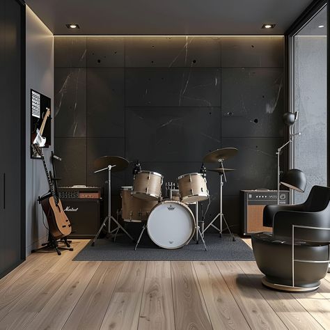 Explore this sleek modern music room featuring a minimalist design with black walls, a professional drum set, and an electric guitar. The room combines grey marble wall panels with wooden flooring for a chic, sophisticated ambiance. Perfect for any musician, this studio space is designed with modern architecture and a neutral grey color scheme, offering both style and functionality. In Home Music Studio, Minimalist Music Studio, Minimalist Musician Bedroom, Minimal Music Studio, Music Room Ideas Decor, Drums Room, Music Room Ideas Home Studio, Studio Music Design, Music Studio Room Luxury