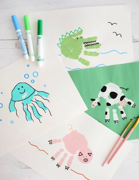 10 Handprint Animal Crafts That Kids Will Love! - Childhood Magic Animal Handprints, Hand Print Crafts For Kids, Art Projects For Kindergarten, Projects For Kindergarten, Handprint Animals, Hand Print Crafts, Classroom Artwork, Rooster Craft, 2023 Classroom