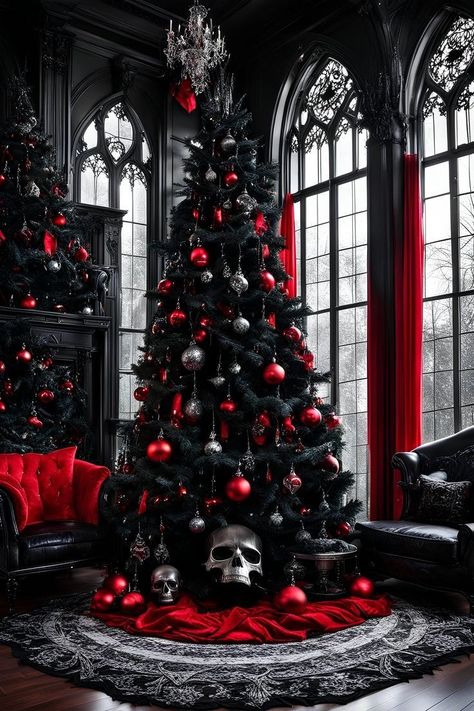 Black Goth Christmas Tree, Christmas Decor Ideas Red And Black, Creepy Christmas Decor, Gothic Christmas Tree Decorations, Creepmas Decorations Diy, Gothic Christmas Aesthetic Wallpaper, Gothic Christmas Wallpaper Iphone, Gothic Christmas Tree Ideas, Goth Christmas Tree Ideas