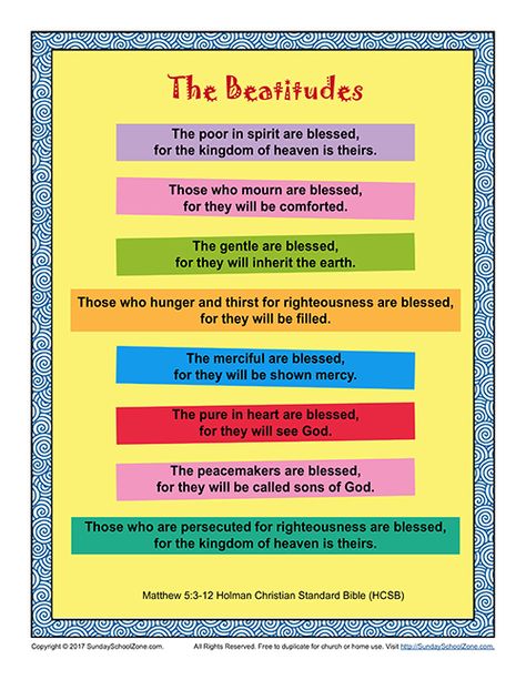 The Beatitudes Poster Beatitudes For Kids, Printable Bible Activities, Free Scripture Printables, Story Help, Middle School Classroom Decor, The Beatitudes, Kids Sunday School Lessons, Children's Church Crafts, Catholic Education