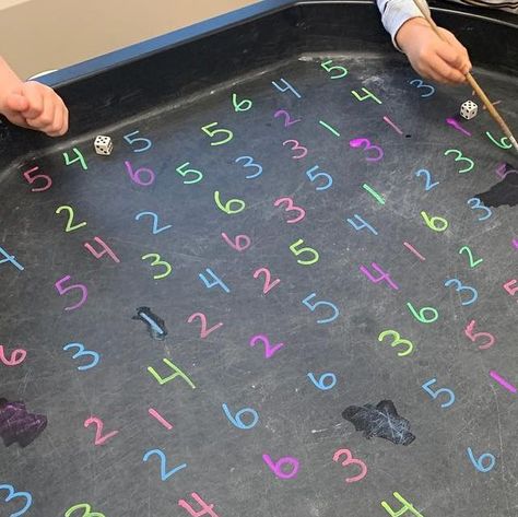 Teresa Hadley Kindergarten on Instagram: "Roll and Erase! Read to the end to hear about our blooper and for an important PSA! 😀🤭 Roll and Erase a number. Simply use a chalk marker to write numbers all over your tuff tray and then have the children roll and “erase” that number using water and brushes. It’s that simple! We loved it and it was great practice with subitizing and number recognition. Now keep reading for the mistake I made. 😳 A week ago on Thursday after the children cleaned up the cornstarch residue from our mystery water play all week, I decided to set this up as a fun invitation between what was out and the xylophone jars we were going to introduce next. I knew I was going to keep it in my back pocket and use it periodically between other set ups as soon as I saw Emily @sc Number Recognition Tuff Tray, Writing Tuff Tray Ideas, Continuous Provision Year 1, Reception Maths, Subitizing Activities, Fun Invitation, Continuous Provision, Chalk Marker, Fun Invitations