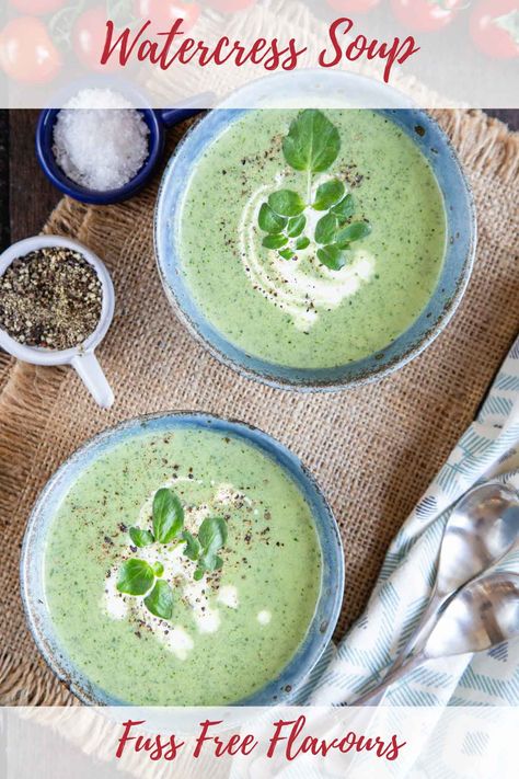 Watercress soup can be served hot, or cold, making it perfect for all year round. Creamy without cream, this will become a favourite! Cream Of Watercress Soup, Watercress Soup, Easy Meals For Two, Cream Of Celery Soup, Broccoli Soup, Frozen Broccoli, Watercress, Gazpacho, Delicious Soup