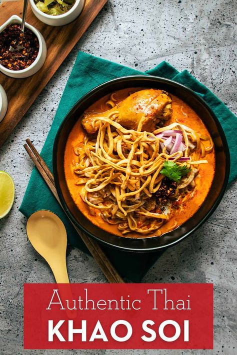 Khao soi is most popular northern Thai dish, and for good reason! This authentic recipe uses tender braised chicken in an aromatic curry sauce, with egg noodles and crispy noodles on top. Thai Curry Soup, Curry Noodle Soup, Crispy Noodles, Authentic Thai Food, Khao Soi, Thai Kitchen, Comfort Casseroles, Curry Noodles, Vietnam Food