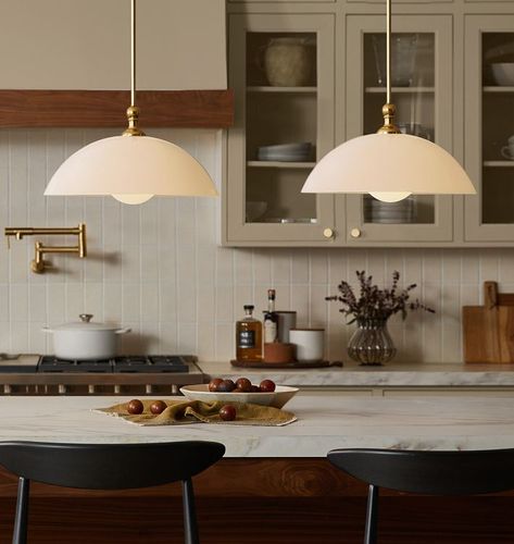 Theo Rod Pendant Silver And Gold Hardware Kitchen, Dining Nook Pendant, Jean Stoffer Lighting, White Blue Cabinets Kitchen, White Island Pendant Lights, Kitchen Lighting Pendant Lights, Modern Farmhouse Kitchen Pendant Lights Glass, Modern Cabin Light Fixtures, Traditional Light Fixtures Dining Room