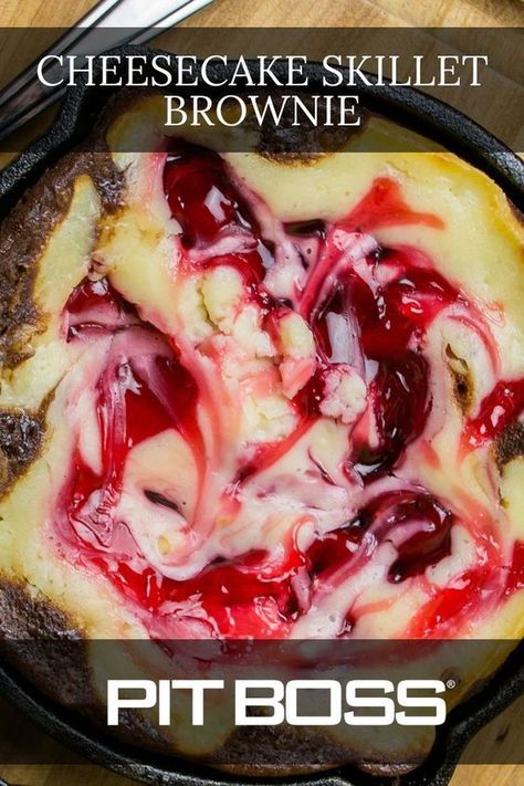 This Cheesecake Skillet Brownie is the perfect way to finish off a backyard BBQ. The next time you have friends or family over for dinner, try this easy and delicious skillet recipe for dessert! Pit Boss Pellet Grill, Pellet Smoker Recipes, Skillet Brownie, Bbq Desserts, Grilled Desserts, Griddle Recipes, Pellet Grill Recipes, Wood Pellet Grills, Pellet Grills