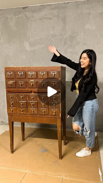 tina le mac 🌙 | DIY + home on Instagram: "This vintage library card catalog cabinet was the deal of a lifetime and I just could not pass it up! 👏🏼

I really wanted to keep some of the wear and tear on it so lightly restoring it was my best option—because there’s no way I was painting over this beautiful wood! But who knows, maybe in the future I will completely refinish it with a complete restoration. For now, all my craft and art supplies have a place to live and I have sooo much more storage in my office/studio! 💛" Card Catalog Repurposed, Library Card Catalog Cabinet, Vintage Library Card, Card Catalog Cabinet, Library Cabinet, Library Card Catalog, Card Catalog, Vintage Library, Library Catalog