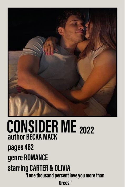 Polaroid poster including a picture of Carter and Olivia from the book Consider Me 2022 by Becka Mack from the Playing for Keeps series. 462 pages. Romance. 'I one thousand percent love you more than Oreos.' Play Me By Becka Mack, Consider Me Book Aesthetic, Play With Me Book Aesthetic, Consider Me Becka Mack Aesthetic, Playing For Keeps Becka Mack, Consider Me Aesthetic, Consider Me Becka Mack, Consider Me By Becka Mack, Becka Mack