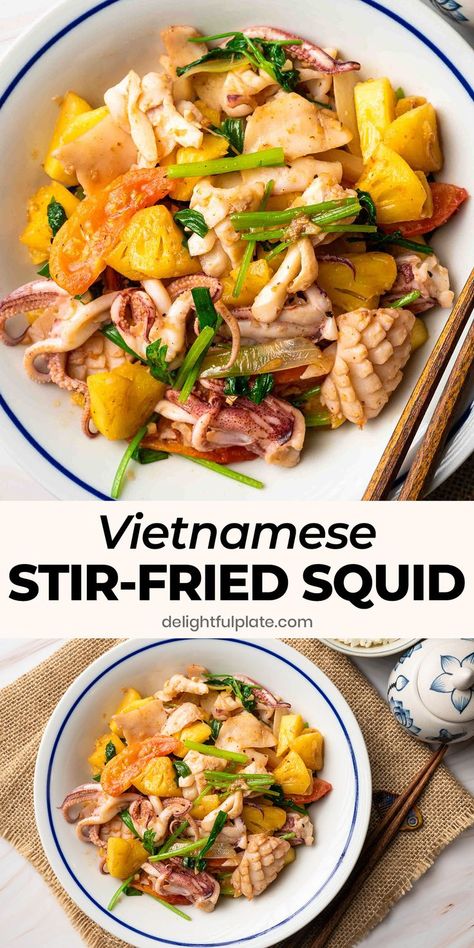 a plate of Vietnamese stir-fried squid with veggies Asain Food, Octopus Recipes, Squid Recipes, Calamari Recipes, Seafood Entrees, Viet Food, Vietnamese Cuisine, Vietnamese Recipes, Just Cooking