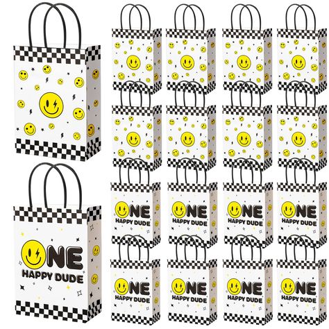 PRICES MAY VARY. One Happy Dude Decorations: the package comes with 24 pieces of smile face gift wrap bags in 2 styles, the large quantities and nice combinations are enough to meet your different use and replacement needs Smile Face Designs: these one happy dude party favor bags are printed with fun and unique pattern designs, including yellow smiling faces, stars, white and black checkered patterns, etc., and matched with tissue paper, these elements make the bags more stylish and cool, and ca Smiley Face Goodie Bags, Party Favors 1st Birthday, Skateboard Party Theme, Skateboard Party, 1st Birthday Party Favors, Boys 1st Birthday Party Ideas, 1st Birthday Shirts, Party Favor Bags, Boy Party