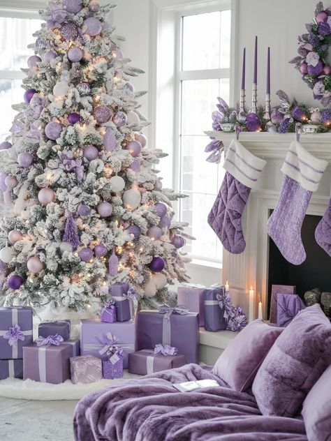 Christmas Tree Ideas Purple, Purple Christmas Tree Ideas, Pink And Purple Christmas Tree, Purple Christmas Aesthetic, Plum Christmas Tree, Glam Christmas Decor Ideas, Purple Christmas Decor, Girlie Christmas, Christmas Tree Purple