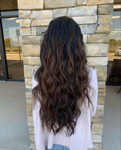 Long Dark hair highlights Dark Brown Permed Hair, Highlights For Dark Brown Hair Curly Long Layered, Beachy Dark Hair, Dark Beachy Hair, Long Dark Wavy Hair Natural, Highlights Dark Brown Hair Wavy, Long Beach Waves Hair Brunettes, Beachy Dark Brown Hair, Dark Brown Beach Hair