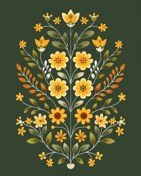 #SymmetricalOrnament #Green-yellow #MinimalFlowerLeaves #ScandinavianFolkArt #GreenBackground #4:5AspectRatio Symmetrical Flower Design, Symmetrical Graphic Design, Polish Folk Art Flowers Painted Houses, Scandinavian Folk Flowers, Botanical Folk Art, Scandinavian Folk Art Flowers, Scandinavian Folk Art Patterns, Symmetrical Art Design, Folk Art Illustration