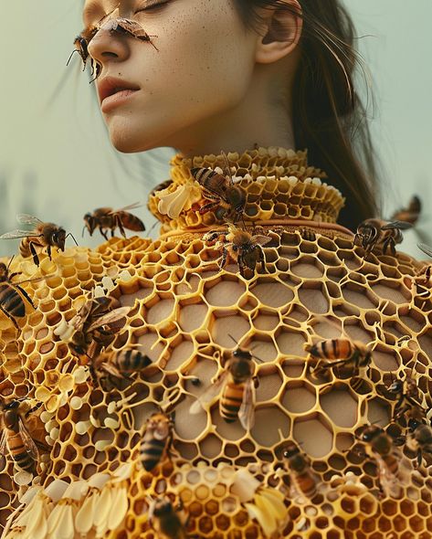 Queen Bee 🐝 : an eco-friendly clothing concept that turns your dress into a home for bees Still thinking about Spring/Ostara for this one for #landofblursed @blursed_montage and #chxrchchallenges @the_clone_supper #midjourneyfashion #aifashion #midjourneyconcept #midjourneycommunity #midjourneyv6 #midjourneyblend #midjourneysref #midjourneyai #fashionconcept #ecofriendly #bees #ecofriendlyfashion #aifashiondesign #midjourneyfashiondesign #midjourneyfashion Fashion Inspired By Insects, Diy Costume Pieces, Bee Fashion Design, Bee Corset, Bee Inspired Outfit, Insect Wedding, Bee Woman, Queen Bee Art, Bee Cosplay