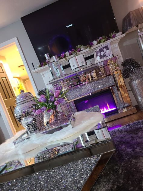 Rhinestone Living Room Decor, Glitter Living Room Ideas, Crushed Diamond Living Room, Purple And Gold Living Room Decor, Bling Living Room Decor Ideas, Purple Living Room Decor, Glam Decor Living Room, Purple Room Design, Silver Living Room Decor