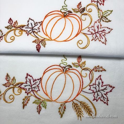 Weekend Stitching: Pumpkins, Leaves, & a Little Wheat – NeedlenThread.com Shawl Embroidery, Bordado Jacobean, Autumn Embroidery, Bordados Tambour, New Embroidery Designs, New Embroidery, Embroidery Sampler, Hand Embroidery Videos, Embroidery Videos