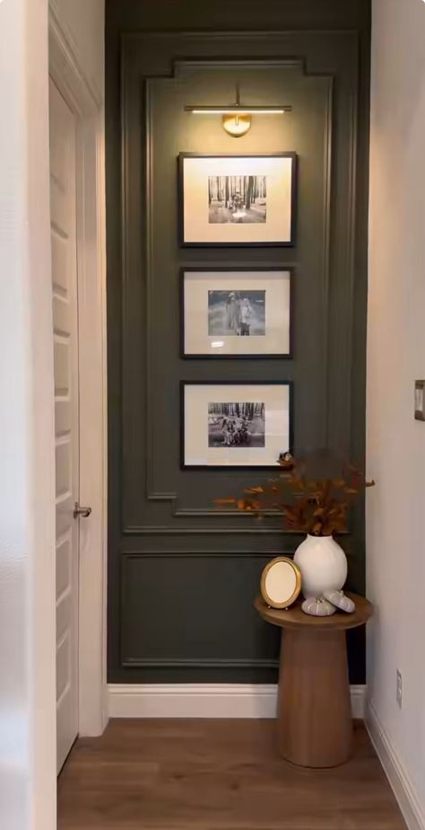 Small Long Entryway Ideas, Small Cottage Style Homes Interiors, Black Entrance Hall, Entry Wall Ideas Entrance, Wall Decor Above Stairs, Open Plan Hallway Living Room, Tall Entryway Wall Ideas, Small Formal Entryway Ideas, Decorating Long Entry Hallway