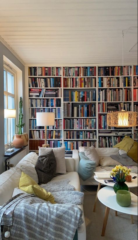 Apartment Decor Bookshelf, Whole Wall Shelf, Big Bookcase Living Room, Book Lover Living Room, Bookshelf Inspo Living Room, Bookish Apartment Aesthetic, Library Behind Sofa, Home Library Small Room, Cute Library Room