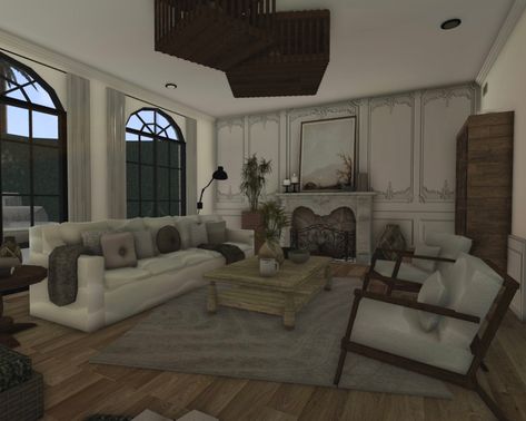 Bloxburg House Living Room Ideas, Mediterranean Family Room, Cottage Core Bloxburg House, Living Room Mediterranean, Bloxburg Cottage, Parisian Living Room, Tunnel Under Ocean Blvd, Under Ocean, Mediterranean Living Room