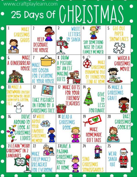 Christmas 25 Days Ideas, 25 Days Of Christmas Gifts For Kids, Christmas Activities Calendar, Kids Advent Calendar Activities, 24 Days Of Christmas Activities, 25 Days Of Christmas Ideas For Kids, Advent Calendar Activities For Kids, 25 Days Of Christmas Crafts, Christmas Activities Advent Calendar